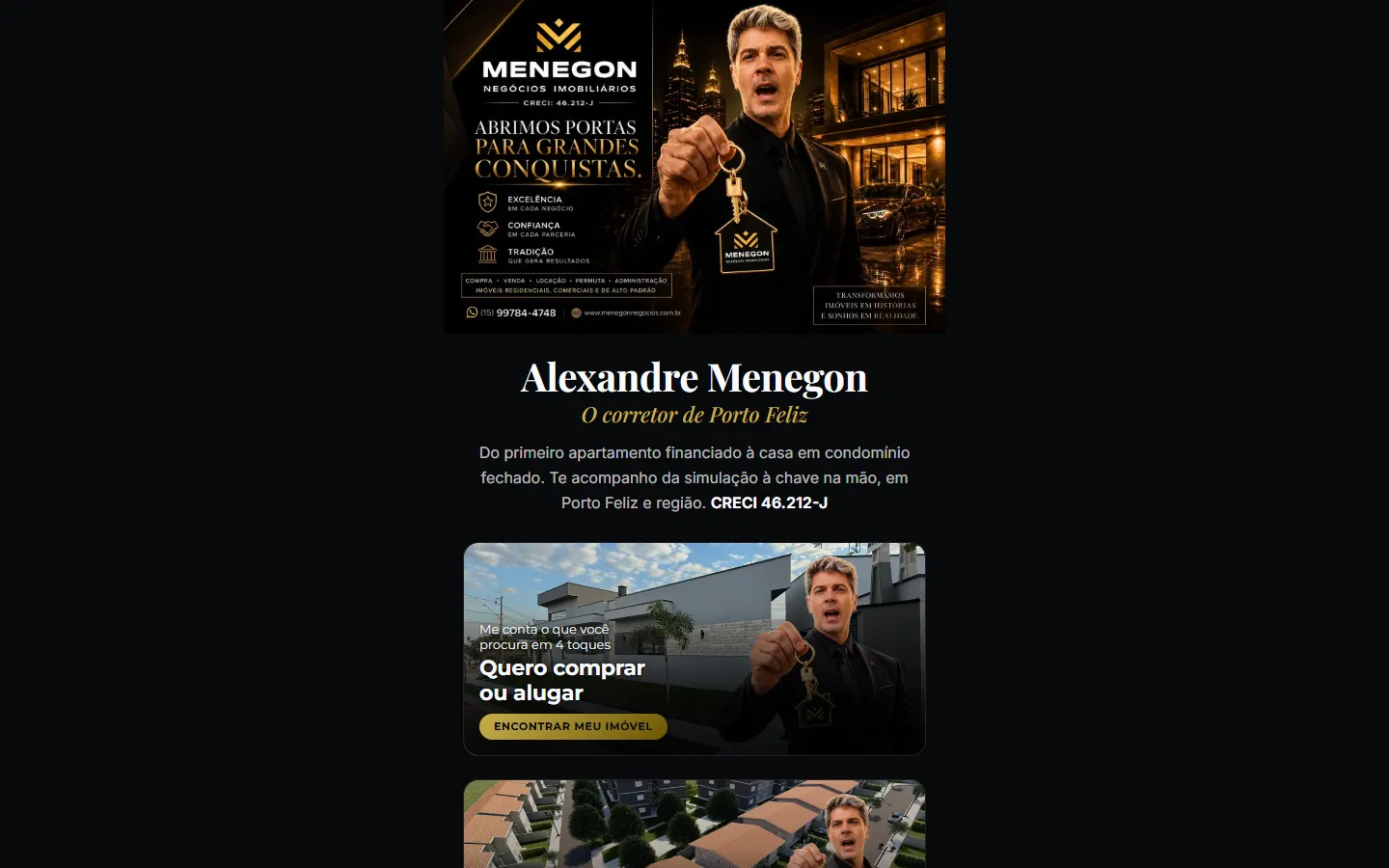 Página inicial do site Menegon Imóveis no computador