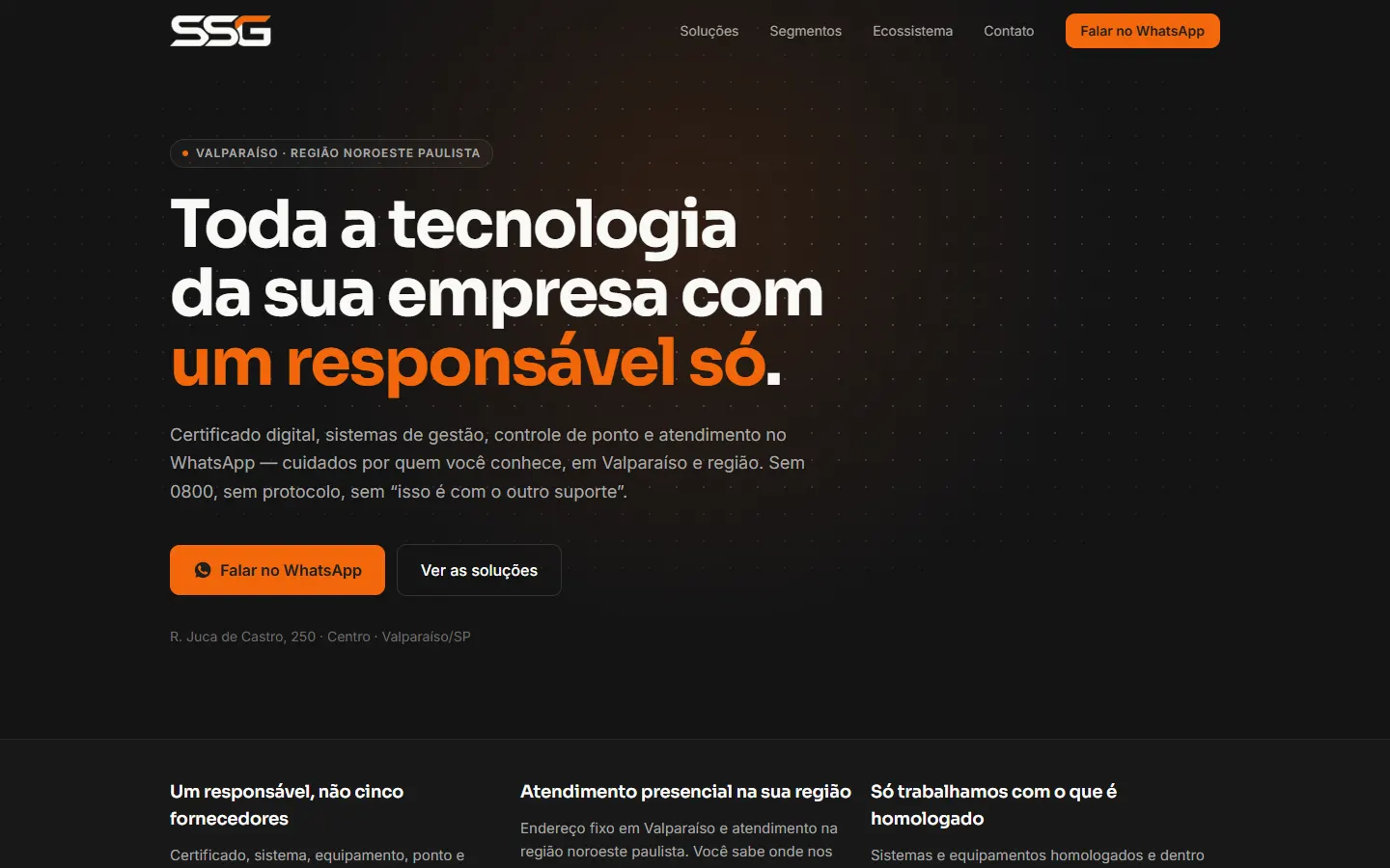 Página inicial do site SSG Solução Empresarial no computador