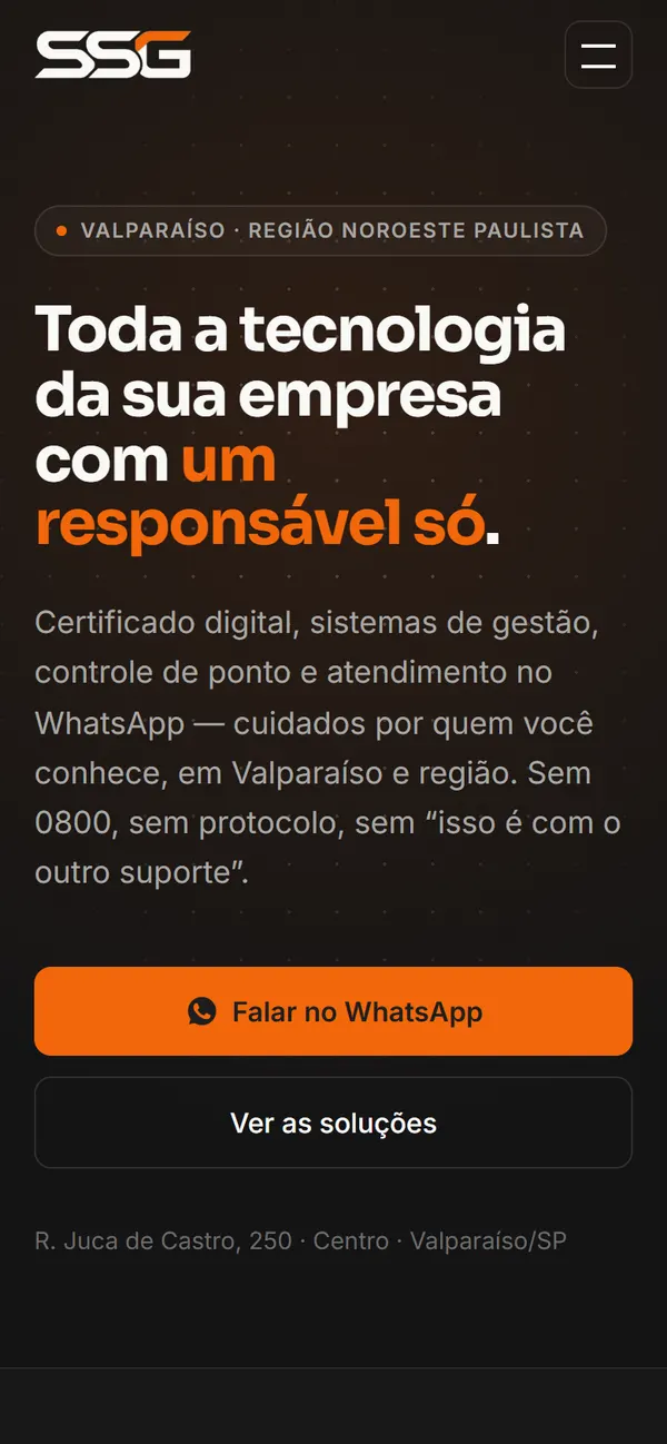 Site SSG Solução Empresarial no celular